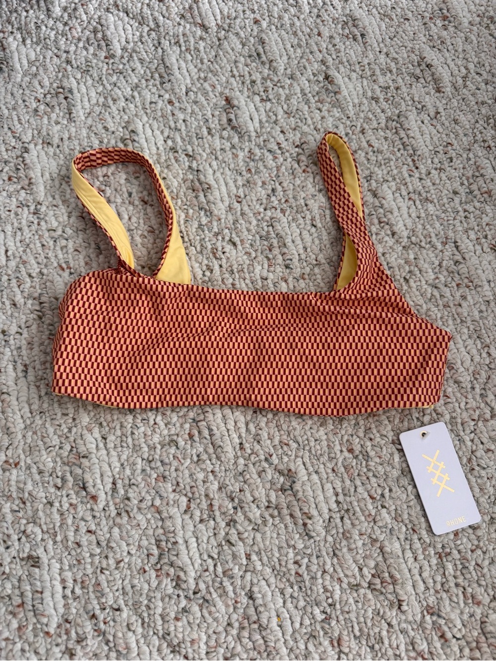 RHONE Surfside Square Neck Bikini Top in Coral Mini Block